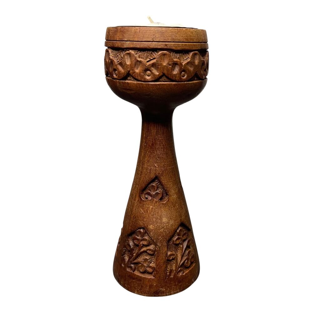 Hand-Carved Wooden Tea Light Candle Holder Floral Design Signed Made in India - Picture 5 of 9